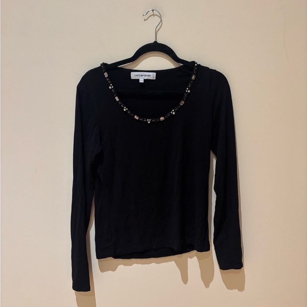 Vintage Elegant Black Blouse with Beaded Neckline